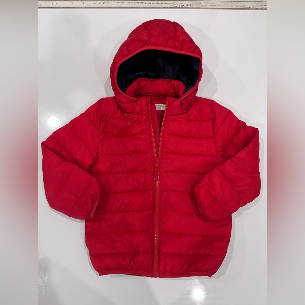 H&M kids 5-6 Y lightweight red thin puffer jacket 5 6 youth removable hood